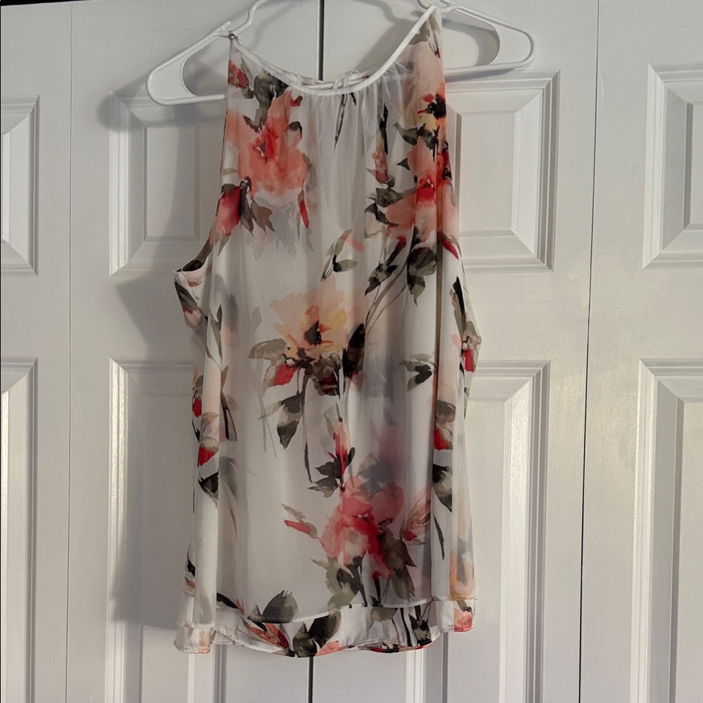 Floral Halter Sleeveless Blouse - White with Pink Floral